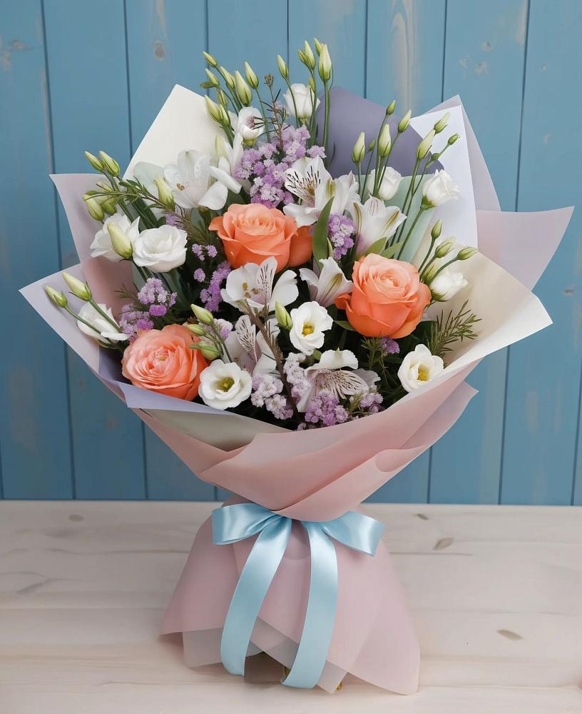 Букет Утренняя свежесть в Тюмени Букет цветов из: Лизиантусы, Розы, Альстромерии и Гипсофила в Тюмени