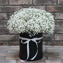 Композиция коробка гипсофил в Тюмени Цветочная композиция из Гипсофила в шляпной коробке в Тюмени