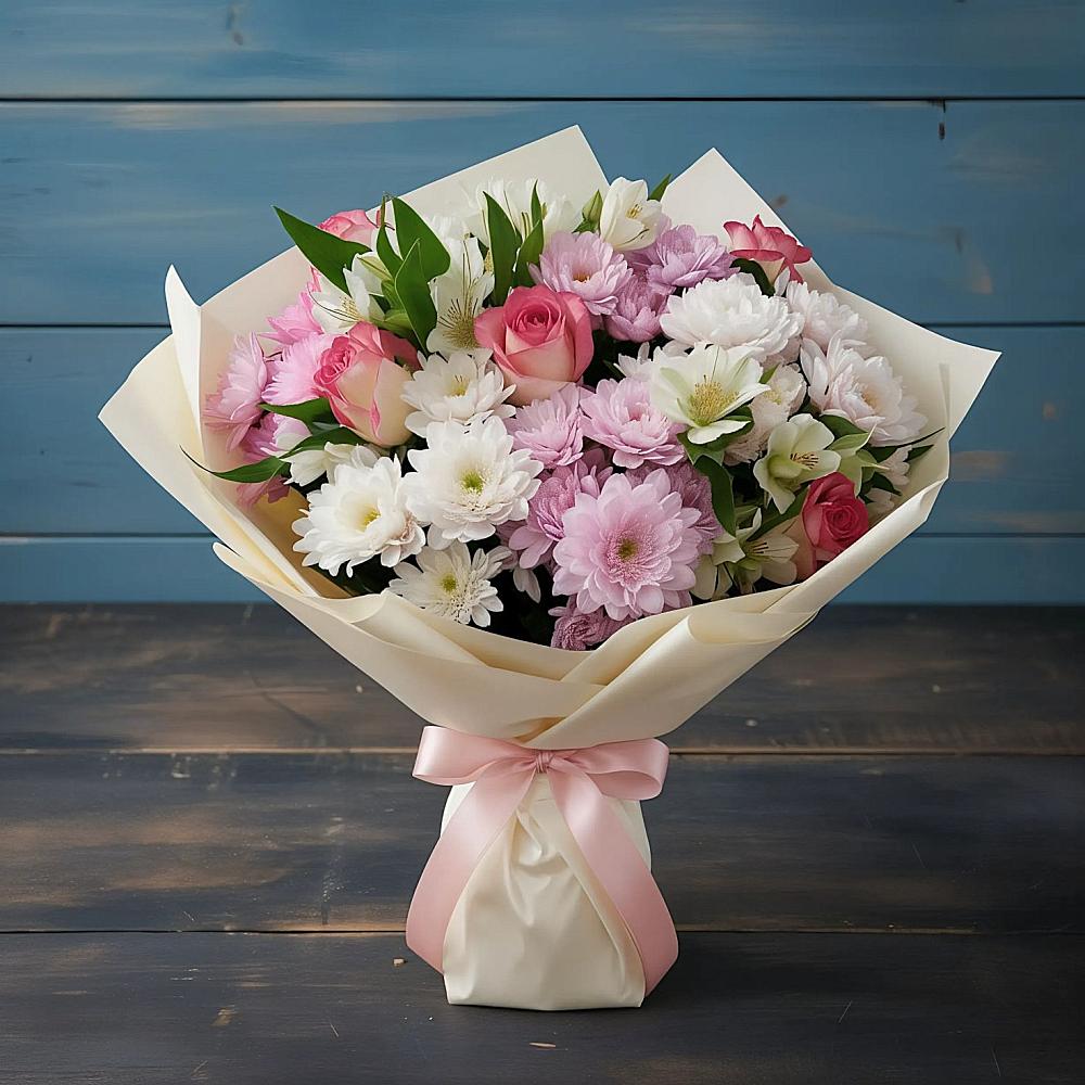 Букет Розовое очарование в Тюмени Букет цветов из: Хризантемы, Альстромерии и Розы в Тюмени